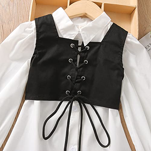 2PCS Baby Girl Lapel Button Down Shirt Dress + Drawstring Waistcoat Toddler Spring Autumn Clothes Set3
