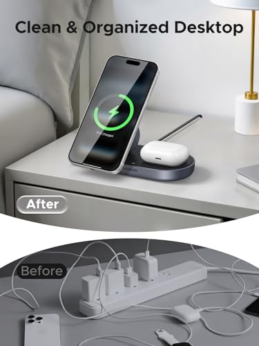 Image of UGREEN 25W Magnetic Wireless Charger Stand, Qi2.2 Certified MagSafe Compatible 2 in 1 Charging Station for iPhone 17 16 15 and AirPods Pro, Pixel, Office Desk Accessories, Black (No Adapter)