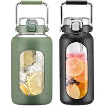 BLUEGO 84oz and 64oz Glass Water Bottles Bundle84 Olive + 64 Black with Straw and Stainless Steel Handle, Large Water Bottle with Sleeve, Half Gallon Water Jug, Glass Water Container, BPA Free