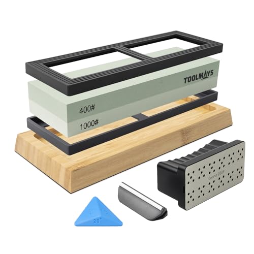 TOOLMAYS Knife Sharpening Stones Set, Dual Sided 400/1000 Grit Whetstone Knife Sharpener with Non-Slip Bamboo Base, Flattening Stone, Triangular Sharpening Stone Angle Guide