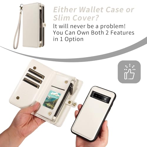 Coque Google Pixel 6 avec cordon et portefeuille en cuir blanc Asuwish