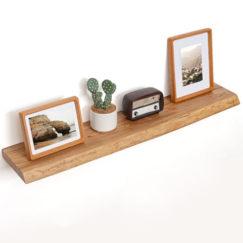 Image of Floating Shelves for Wall Decor, Rustic Solid Elm Wood Live Edge Floating Shelves Wall Mounted, Wall Shelves with Invisible Bracket for Living Room Bathroom Bedroom Kitchen, 40 Inch Set of 1, Natural
