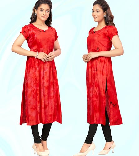 Image of RITIJYA Maternitywear Rayon Tiedie Straight Feeding Kurtis for Women with Zip | Maternity Dress for Nursing & Pregnancy (9207 46,Tomato Red)