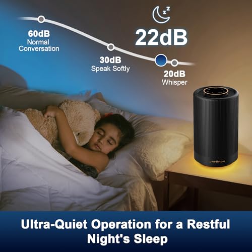 Small Air Purifiers for Home Bedroom Coverage 450 sqft, 22 dB Quiet Air cleaner with Brushless Motor, for 99.97% Dust Smoke Odor Pollen Pets Hair Dander, Night Light, JF100 Black by Jafanda Air - Image 3