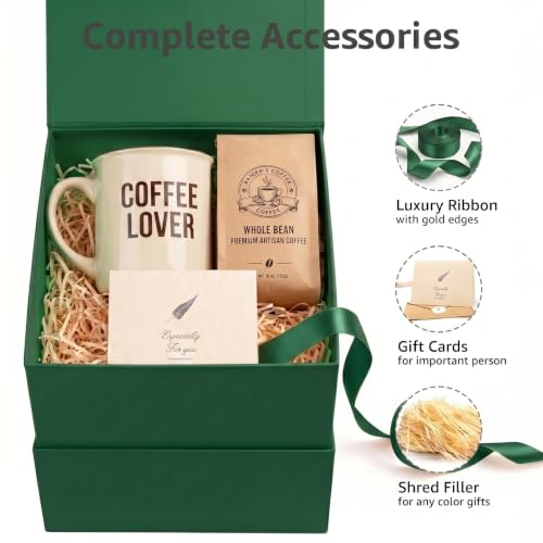 Image of LIFELUM Dark Green Gift Box 7 x 7 x 7 inch, 1 Pack Elegant Cube Gift Box with Magnetic Lid, Card, Ribbon, Shredded Filler for Christmas, Birthday, Wedding, Valentine's Day