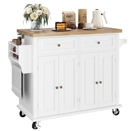 TTVIEW Kitchen Island with Storage, Rolling Kitchen Island on Wheels with Solid Rubberwood Countertop, Mobile Kitchen Cart with Spice Rack and Storage Cabinets, White