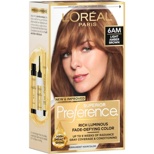 L'Oreal Paris Superior Preference Luminous Fade-Defying Permanent Hair Color, Hair Dye For Up to 9 Weeks of Radiance, Light Amber Brown 6AM, 1 Hair Dye Kit
