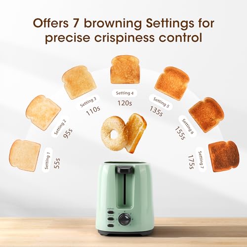 iSiLER 2 Slice Toaster, 1.3 Inches Wide Slot Bagel Toaster with 7 Shade Settings and Double Side Baking, Removable Crumb Tray, Defrost Cancel Function Green - Thumbnail 6