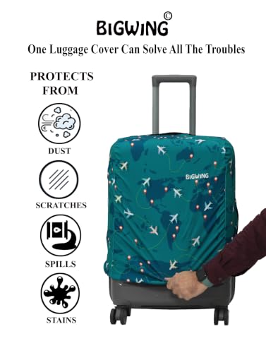 Image of BIGWING Protective Cover in Polyester Fabric with Map Print for | 28' Inch 75 cm Large Size | Hard Luggage Trolley Bag Cover (Fits Only On Fiber - Plastic Trolley Bag) Turquoise Color