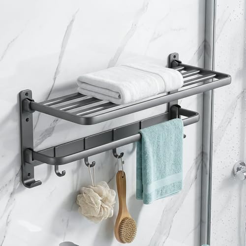 Image of MIORAH 24 Inch Powder - Coated Aluminium Towel Rack with Hooks - Rust - Free, Space - Saving Bathroom No Drill Self Adhesive Towel Rack Easy Installation Grey