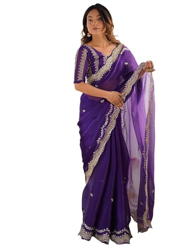 Image of Satrani Women's Shimmer Chiffon Sequins Embroidery Saree with Unstitched Blouse Piece