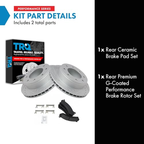 Image of TRQ Performance Rear Brake Pad and Rotor Set Ceramic Drilled Slotted Vented Rotors Compatible with 99-07 Chevrolet Silverado GMC Sierra 1500 HD 2500 00-07 Suburban Yukon XL 2500 03-09 Hummer H2
