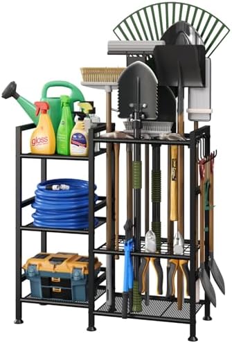 keomaisyto Garden Tool Organizer for Garage Organization, 3 Tier Yard Tool Storage Rack with 35 Long-Handled Tool Slots, Heavy Duty Garden Tool Holder with Large Hooks for Shed, Yard, Garage