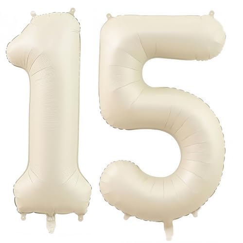 Image of Cream Number 15 Balloons,40 Inch 15 Balloons Giant Helium Foil Mylar Beige 15 Balloon Number for Birthday Party Anniversary Decorations