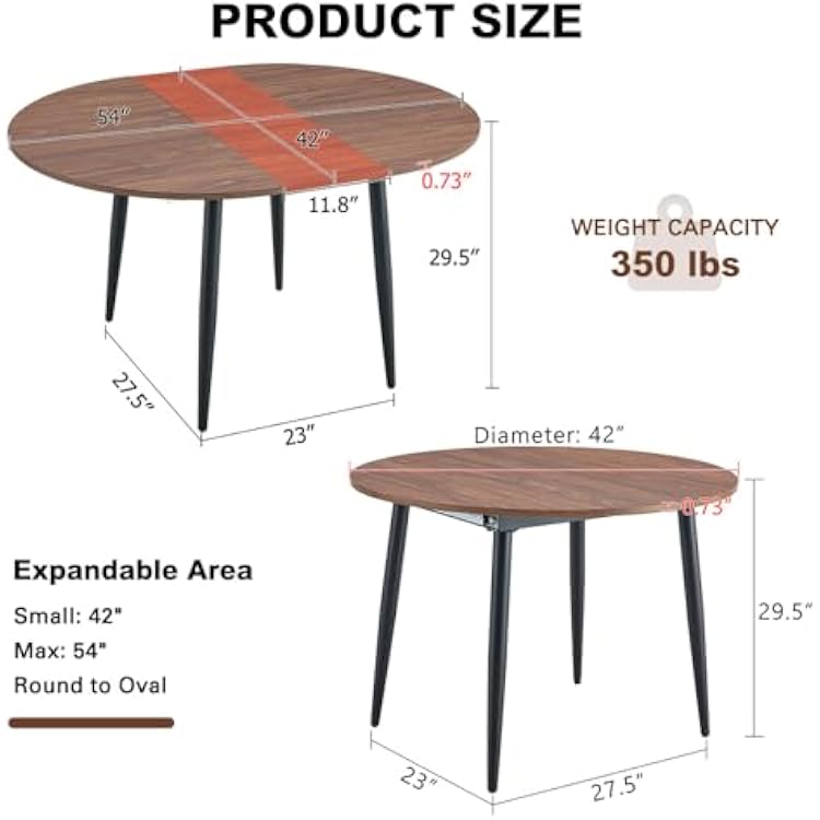 42 Round Dining Table for 4, 54 Oval Dining Table for 6, Extendable Kitchen & Dining Room Table with Metal Legs, Modern Rustic Space-Saving Adjustable Shape Dinner Table, Easy Assembly,Walnut