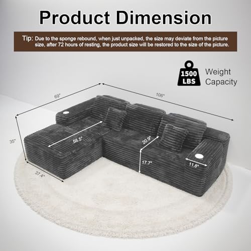 Image of 106 inch Cloud Sectional Couch with L Shape Chaise, Modern Frameless Modular Sofa with Cup Holders, Higher 17.7 inch Seat Height, 32D Pure Foam, No Assembly for Apartment (Dark Gray, Left Facing Chaise)