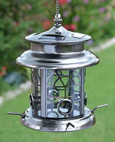 Arched Lattice Solar Powered LED Bird Feeder for Yard Outside Outdoor Garden Decoration Hanging Birdfeeder as Gift - Pewter / Antique Silver