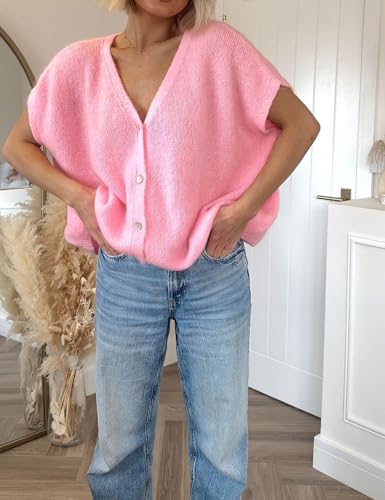 Image of Gihuo Women's Short Sleeve Sweater Cardigan Y2K Button Down Ribbed Knit Sweaters V Neck Oversized Going Out Tops(Pink-M)