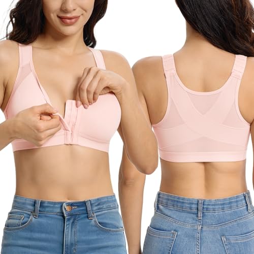 Lemorosy Women's Full Coverage Front Closure Posture Back Unpadded Wirefree Everyday Bra -Comfort and Double Support (36C, Pure Pink)