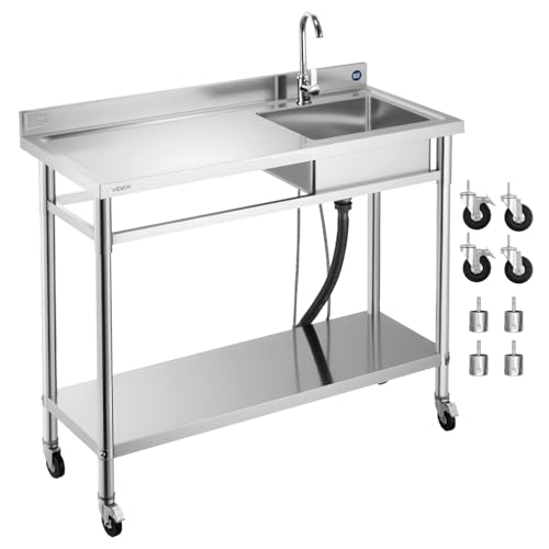 VEVOR Stainless Steel Utility Sink, Rolling Single Bowl Commercial Kitchen Sink with Wheels,Faucet and Hot & Cold Water Pipe,Utility Basin Workbench for Garage Restaurant Laundry 47.2 x 19.7 x 41.5 in