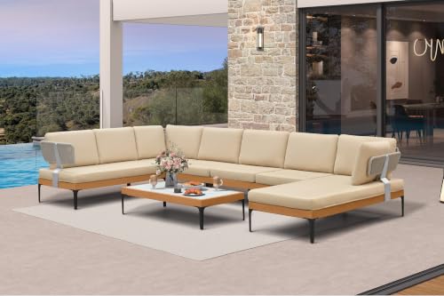 Image of PURPLE LEAF Patio Furniture Set Outdoor Sectional Sofa with Coffee Table Fade-Resistant Cushions Wicker U-Shaped 8 Pieces Aluminum Conversation Sets for Balcony Yard Poolside Garden, Khaki