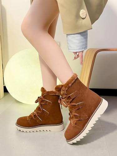 Snow Winter Boots for Women, Plush Lined Hiking Snow Winter Boots, Comfortable Hiking Booties Furry Mid Calf Warm Lightweight, Lace Up Platform Winter Boots4