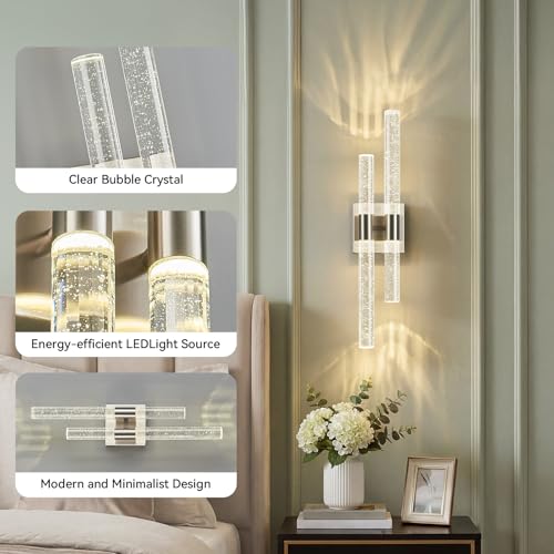 Image of Crystal Wall Sconces Set of Two LED Wall Sconce Hardwired Brushed Nickel Bathroom Vanity Light Fixtures 21.25in 4000K Vertical and Horizontal Wall Mounted Sconces for Bedroom Living Room
