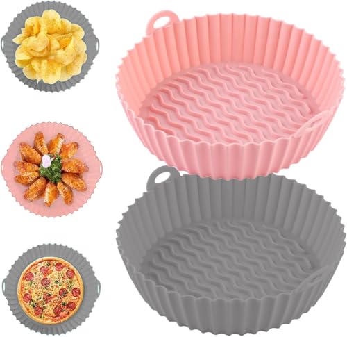 Image of Air Fryer Silicone Tray | Air Fryer Liners I Round Silicone Basket Baking Tray I Pot with Ear Handles I Nonstick Reusable Heat Resistant I Cooking Oven Insert Accessories (Pink + Gray)