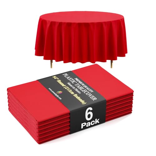 Image of Exquisite 66% Thicker Premium Red Round Tablecloth 0.5 Mil 6 Pack Plastic Table Cloth Disposable 84 Inch Round Plastic Tablecloth Won't Tear Easily Like Cheap Thin Brands