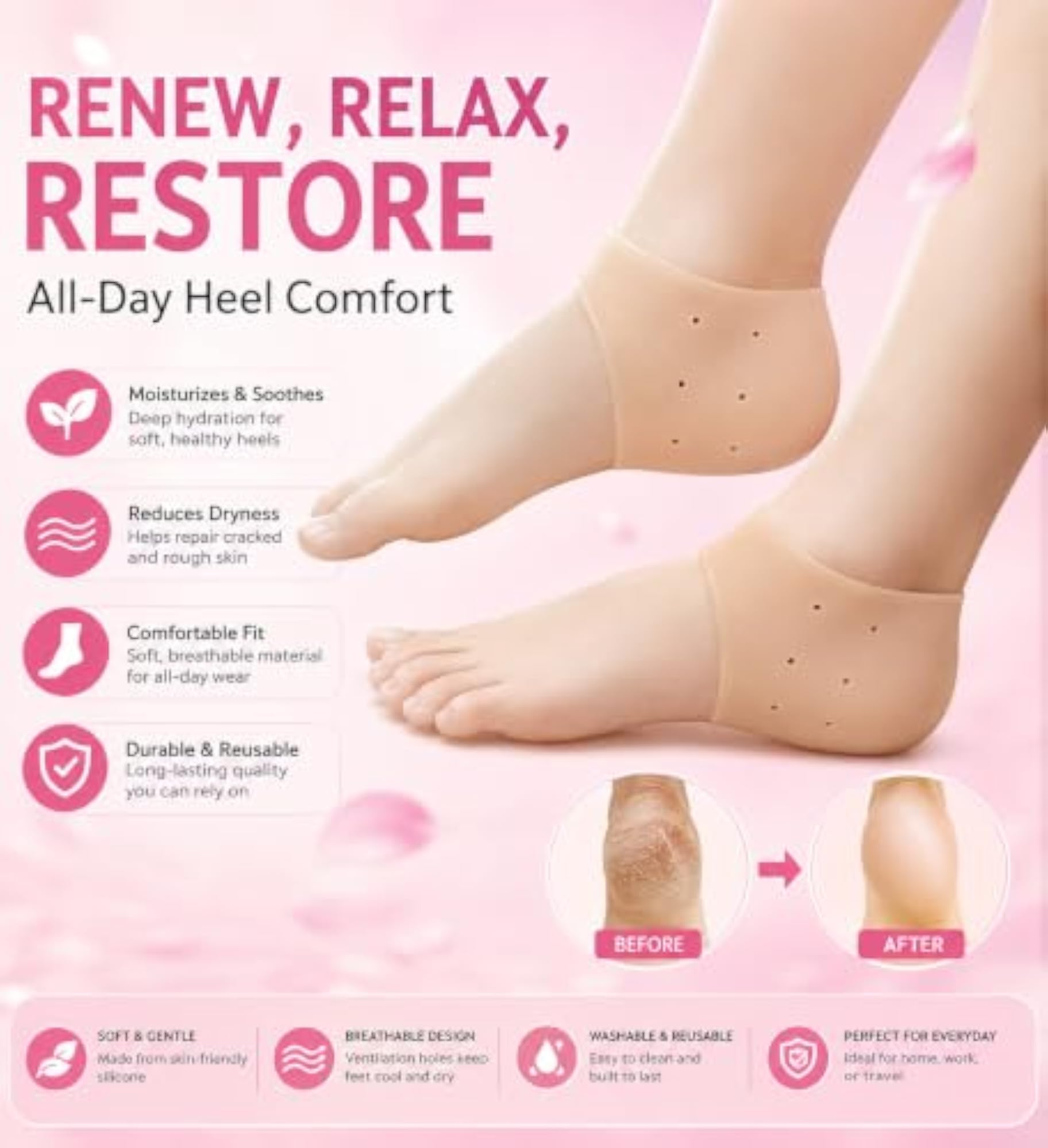 Silicone Gel Heel Pad Socks, Beige, Free Size