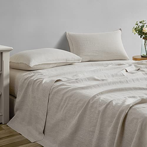 Giorcis 100% Linen Sheet Set - Stone Washed Pure Natural French Flax Bedding 16" Deep Pocket Soft Breathable Durable 4Pcs Set- 1 Flat Sheet, 1 Fitted Sheet, 2 Pillowcases (Natural Linen, Queen) #TOP5