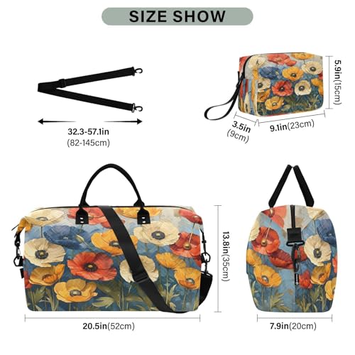 Flower Travel Duffle Bag Gym Bag, Vibrant Retro Flowers Weekender Bags for Women with Toiletry Bag Travel Tote Bag Swim Bag3