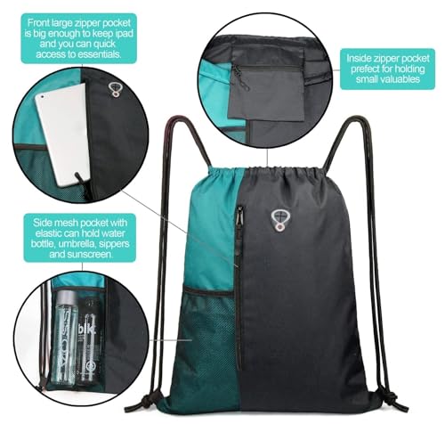 Image of ALASKA Drawstring Backpack Sports Gym Bag Large Size (18 Inch x 14 Inch) for Women & Men, Large Size With Two Zipper Pockets and Water Bottle Mesh Pocket.