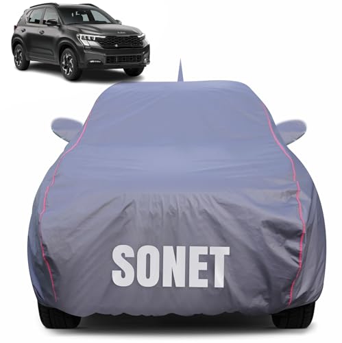 Image of 100% Waterproof Car Body Cover for Kia Sonet (2020-2024) with Mirror Pocket (Heat & UV Resistant, Triple Stitched, Soft Lining, Bottom Elastic & Piping) Grey