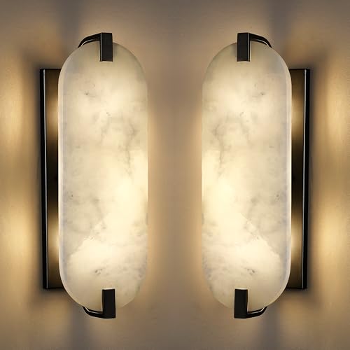 Image of 15.7 inch Natural Oval Alabaster Marble Modern Concise 2 Pack 2 Light Wall Sconce Fixture,Black Finish for Bathroom Bedroom Hallway Bedside Staircase Vanity Mirror