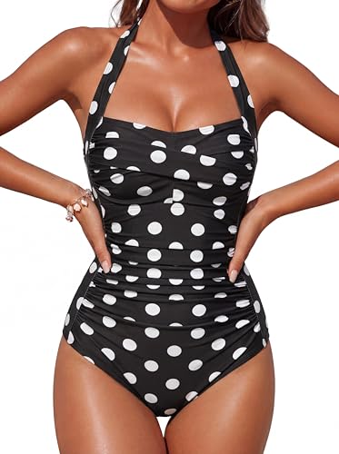 Image of Smismivo Tummy Control Swimwear Halter One Piece Slimming Vintage Retro Swimsuit Womens Ruched Push Up Bathing Suit