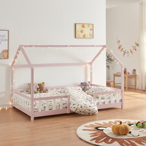 [en.casa] Kinderbett Sisimiut Hausbett Montessori 90 x 200 cm mit Rausfallschutz Holzbett für Kinder Bodenbett Lattenrost Kiefernholz Rosa/Weiß