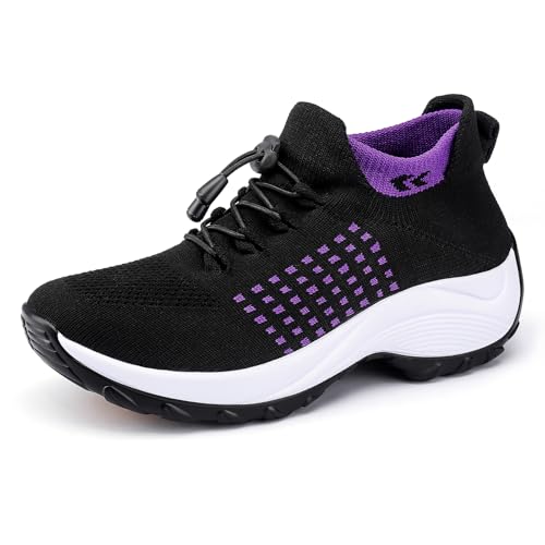 Lookyno Comfortable Breathable Women Walking Shoes Slip on Trainers Women's Orthopedic Casual Ladies Shoe Thick Bottom Black-Purple