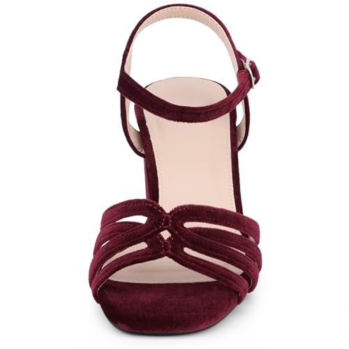 Allegra K Allegra K Women's Square Toe Slingback Velvet Chunky Heels Burgundy Sandals 7 m US