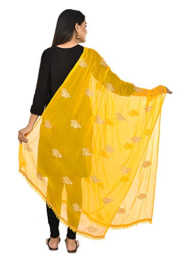 Image of YOUTHQUAKE Golden Patti Embroidered Work Chiffon Dupatta for Womens & Girls with Jaalar Lace