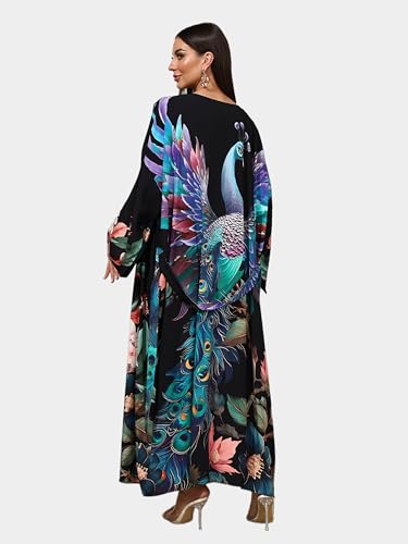 Swimsuit Coverups for Women Long Kimonos Robes Peocock Flower Printed Boho Beach Cover Ups Summer Holiday Sarong Wraps4