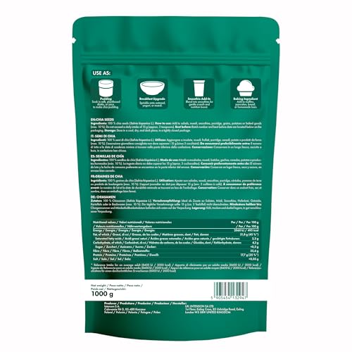 Intenson Chiasamen, 1000 g, Natürlich reich an Ballaststoffen und pflanzlichem Protein, Vegan, Glutenfrei, Ohne Zuckerzusatz, GMO-frei