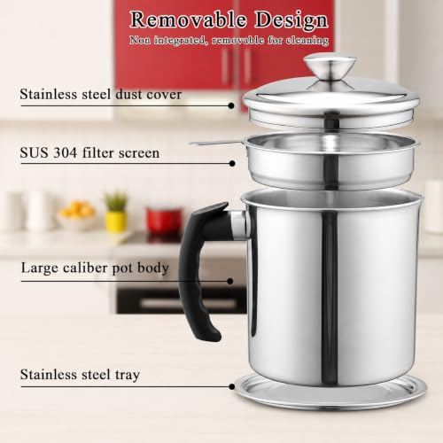 Image of Evelots Stainless Steel Filter Pot with Fine Mesh Strainer, Reusable Cooking Oil Storage Container with Lid and Handle, Kitchen Strainer Pot for Filtering and Reusing Frying (Style A)