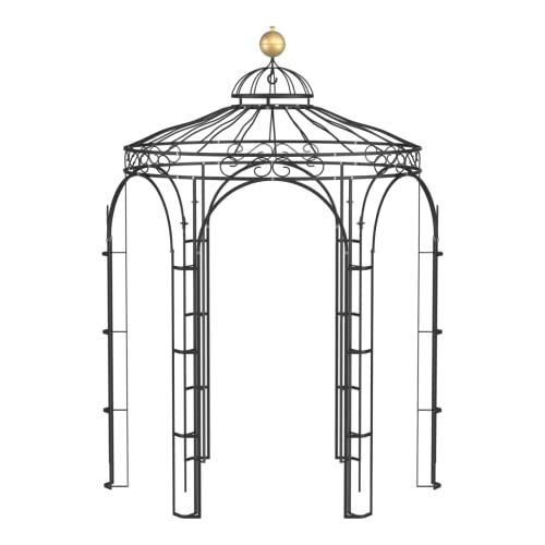 ELEO Pavillon Siena schwarz mit Dekorkugel - rund 2x2m Rankpavillon für den Garten handgeschmiedet Schmiedeeisen romantisch - Rosenpavillon Metall stabil pulverbeschichtet - für draußen Winterfest