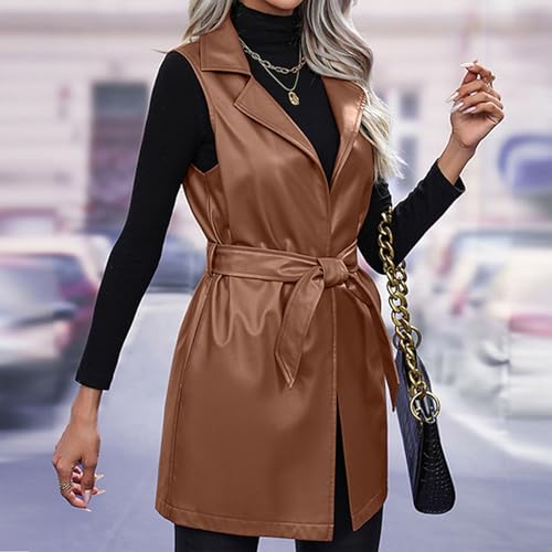 Leather Jacket Women Sleeveless Long Pu Vest Jacket Lapel Open Front Leather Coats Fall Winter Jackets With Belt2