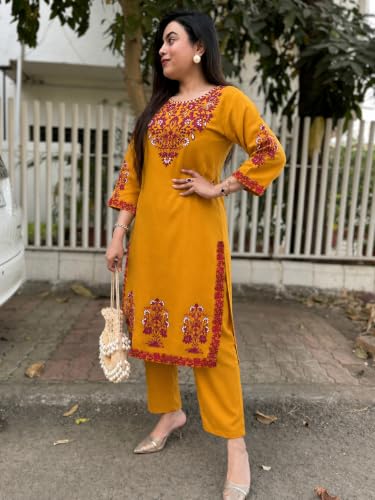Image of GoSriKi Kurta Sets for Women Viscose Embroidered | Kurta Pant Dupatta Set | Straight Kurti Set for Women | Round Neck 3 /4 Sleeve Ethnic Suit | Designer Indian Kurti Outfit with Pants