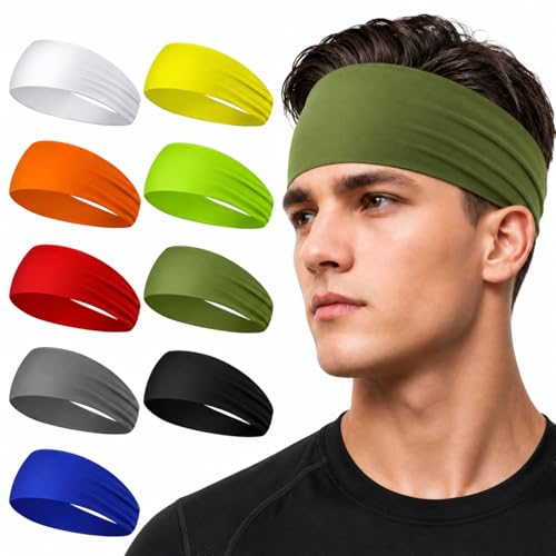 Image of 9 pcs Sweatbands for Men Workout Sport Headbands for Men Camo Headband Sweat Absorbing Headband Wide Sweatband for Head Basketball Football Cycling Running Yoga, 4.7 x 9.8 Inch