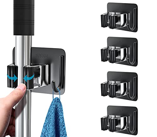Image of homeasy Broom Holder Wall Mount 4Pcs, Self Adhesive Mop Broom Hanger | Self adhesive stainless steel broom organizer with 4 hooks, holds mops, brooms and garden tools without drilling
