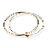 NOKMIT 2PCS 14K Gold Silver Tone Stackable Bangle Bracelets for Women, High Polished Thin Plain Stainless Steel Bangle with Detachable Connector Ring, Non-Tarnish Mixed Metal Jewelry (2PCS, 7.5 inches)