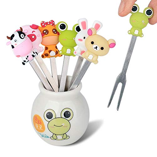 LEUYUAN Fourchette à Fruits Salade Dessert Couvert en Acier Inoxydable, 6 pièces Mignon Animal Fourchette à Gâteau avec Céramique Support Cover